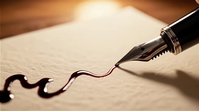 Close-up of a fountain pen dribbling dark ink onto textured paper, capturing the elegance of writing in a warm, softly lit environment