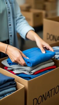 Organizing clothing for donation: hands fold blue shirt into box with neatly stacked garments