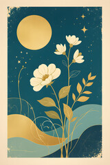 Vintage Style Illustration of Moonlit Flowers and Stars