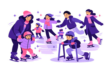 Winter Skating Fun. Public Square Winter Fun. Kids learning to skate while others glide confidently nearby,