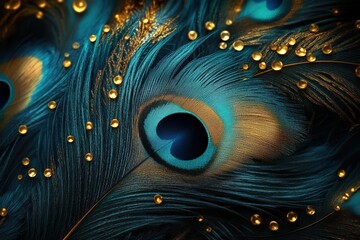 A close-up of a peacock feather adorned with droplets, showcasing vibrant hues of blue, gold, and intricate patterns.
