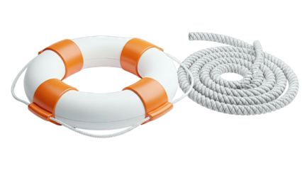 Lifebuoy and coiled rope on white background