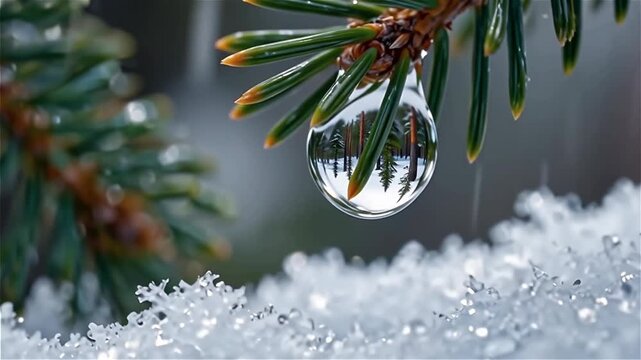 Close-up of a water droplet hanging on a pine needle, reflecting the snowy landscape below