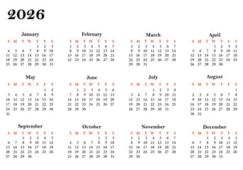 Vector black and white calendar in English for 2026