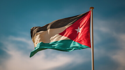 Jordan – Jordanian National Flag Waving in the Wind Against Clear Blue Sky, Symbol of Unity, Sovereignty and National Identity