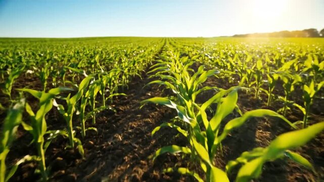 Low angle shot of a vibrant cornfield basking in the warm golden sunlight under a bright blue sky