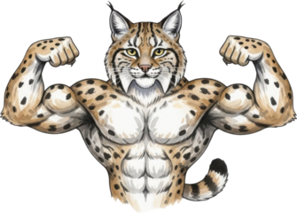 Strong and muscular bobcat flexing muscles isolated on transparent background