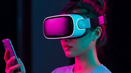 Young woman using virtual reality headset with controller in neon lighting
