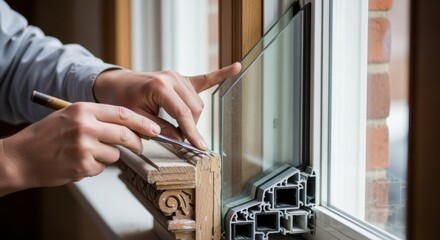Closeup of hands carefully restoring historic window moldings beside new tripleglazed glass installation combining craftsmanship with modern retrofit technology.