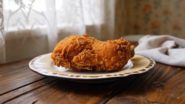 Close-up of a crispy fried chicken leg on a decorative plate, displayed on a rustic wooden table with soft lighting and a patterned curtain in the background