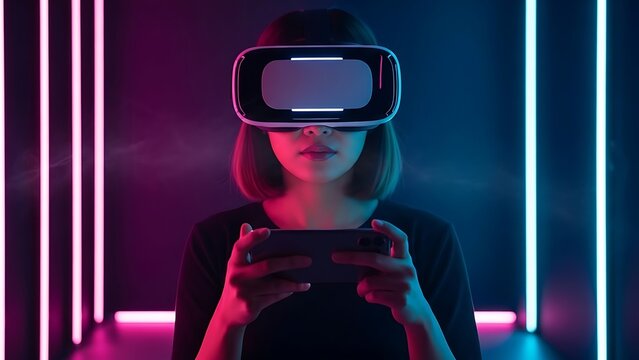 Young woman using virtual reality headset with handheld controllers in neon room - Powered by Adobe