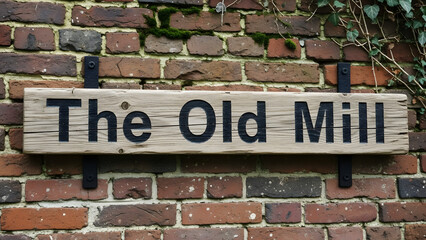 Vintage wooden sign for The Old Mill mounted on a brick wall - Generated AI