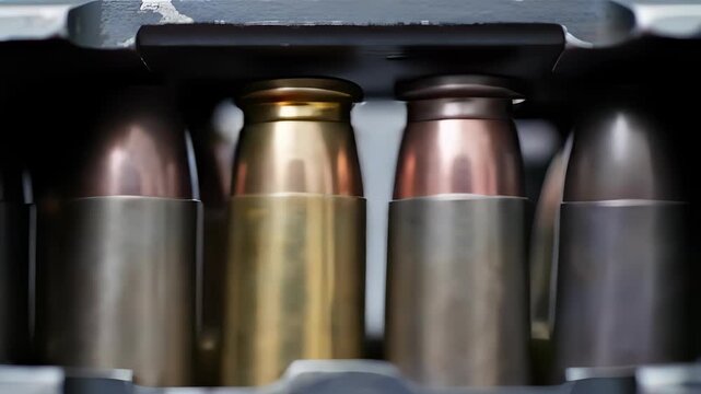 Close-up view of ammunition cartridges in a magazine, ready for use.