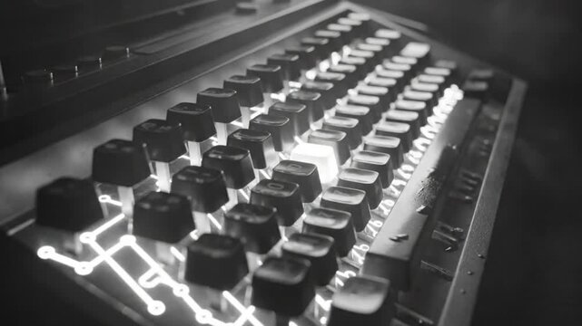Futuristic Illuminated Keyboard Keycap Close-up with Light Trails and Ambient Smoke in Black and White