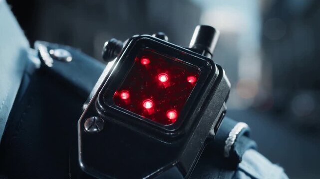 Police Radio Clipped to Uniform with Blinking Indicator Light, Blurred Urban Background, Dramatic Lighting, Shallow Depth of Field, 4k video footage