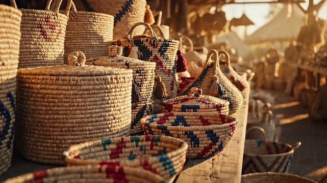Handcrafted Basketry Showcase:  Artisanal Woven Containers Displayed in Golden Light