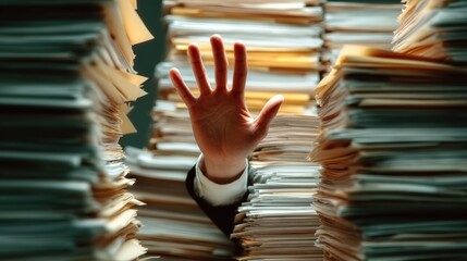 A hand reaches out from a chaotic stack of paperwork, symbolizing overwhelm and the struggle of managing excessive documentation.