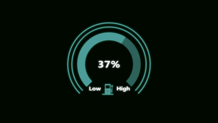 A cyan blue circular gauge thirty seven percent fuel level with low and indicators on a dark background, representing a digital interface for energy or battery status in a technological application