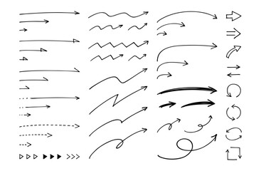 Hand drawn Arrow Set of Various Lengths. Solid Dashed Dotted Line Variations.