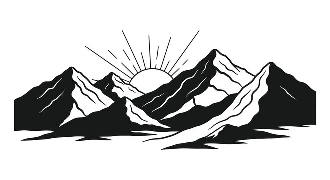 Black and white illustration of mountains with a rising or setting sun