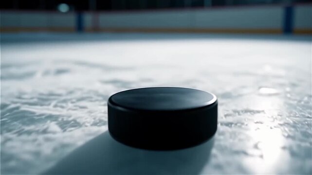 Close-up view of a black hockey puck on ice, illuminated by overhead rink lights, with a hockey stick poised to strike