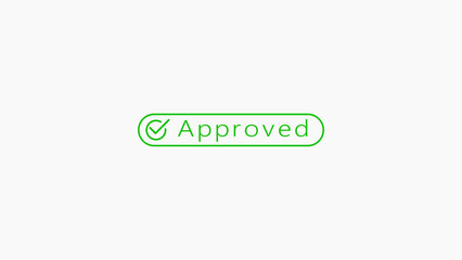 Green check mark inside an oval border with the word Approved in green text on a clean white background symbolizing confirmation and success in a simple Keywords: approved, approval, check, mark