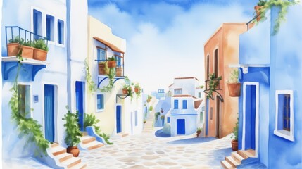 A picturesque watercolor scene of charming streets lined with white and blue buildings, adorned with potted plants and a serene sky.