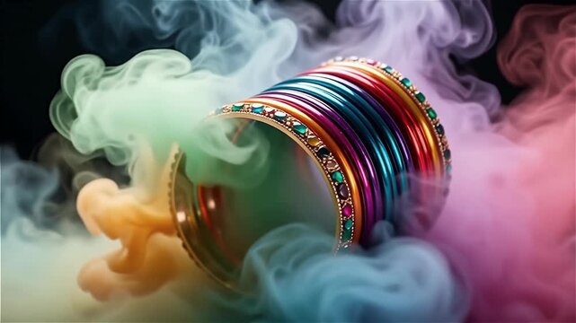 Colorful bangles surrounded by vibrant smoke in shades of blue, pink, and yellow, creating a striking visual contrast against a dark background