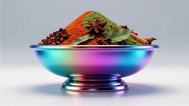 A colorful bowl filled with an assortment of spices including red chili powder, garlic, and various herbs, displayed against a smooth background