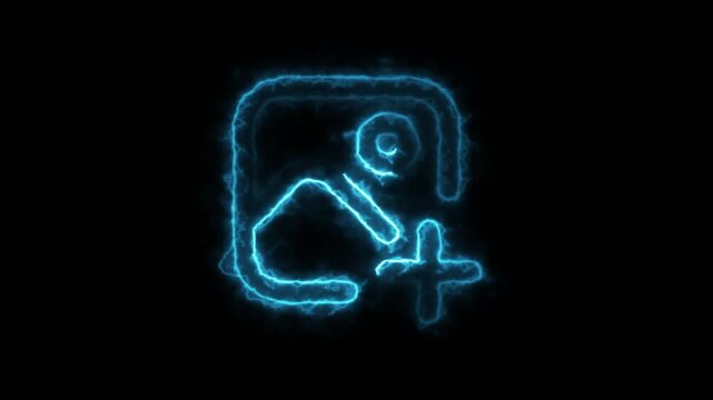 A glowing neon blue icon illustrating the addition or uploading of an image, shown as a framed picture with a swirling element and a plus sign, shines brightly against a black background, symbolizing 