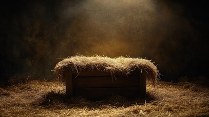 A wooden box covered with straw sits in a dimly lit environment, creating a rustic, atmospheric scene.