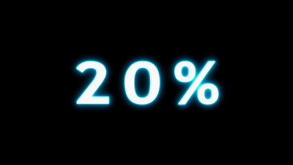 Large bold white numbers 20 percent with a vibrant glowing neon blue outline set against a completely black background representing a data value or a completion stage. Keywords: 20, percent