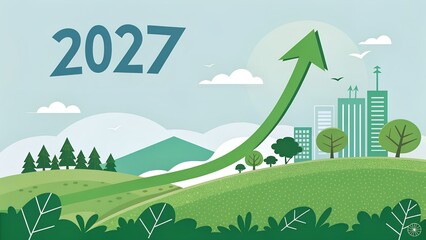 Green arrow rising from countryside to cityscape with 2027