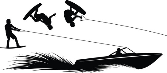 Wakeboarder performing aerial flips behind speedboat, dynamic water sports silhouette, extreme action sequence, summer adventure on lake recreation adrenaline motion © Shahariar's World