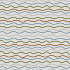 北欧テイスト波線パターン（グレー）ー ライトグレーにオリーブ、ブルー、ベージュ、ブラウンの柔らかな横ウェーブ。デザインペーパー、マスキングテープ、マスキングシールブック、フレークシール、クリアファイル、手帳デコ素材、ノート表紙、ハンカチ、箸、マグカップ、皿、キッチンクロス、キッチン雑貨、ポーチ等に最適。