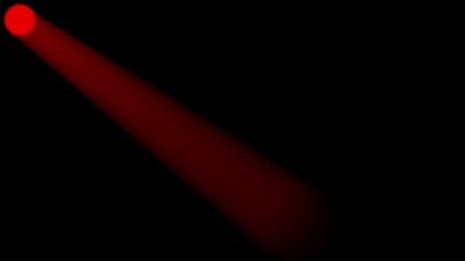 A single bright red spotlight beam emanates from a small red circle in the upper left corner, casting a focused cone of light diagonally across a completely black background, creating a dramatic