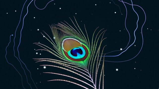 Colorful peacock feather design with vibrant blue eye pattern on dark background, creating a mesmerizing visual effect
