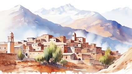A serene watercolor painting of a mountain village, featuring rustic architecture amid lush greenery and majestic snow-capped peaks in the background.