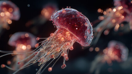 microscopic red jellyfish like virus organism bioluminescent pathogen infectious disease medical research biology science microbiology anatomy health