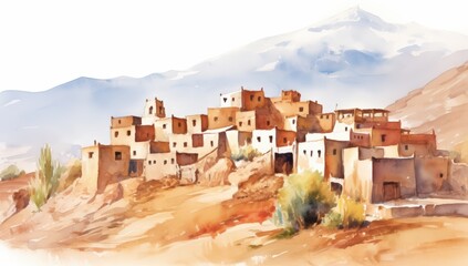 A watercolor depiction of a quaint hillside village, featuring traditional buildings against a backdrop of mountains.