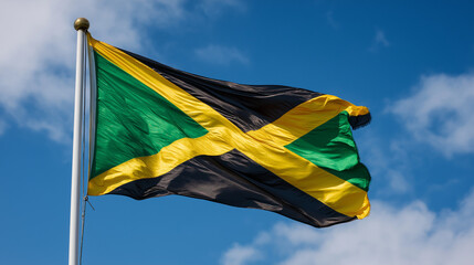 Jamaica – Jamaican National Flag Waving in the Wind Against Clear Blue Sky, Symbol of Freedom, Unity and National Identity
