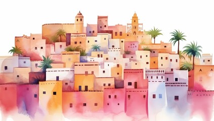 A vibrant watercolor depiction of colorful buildings on a hillside, surrounded by palm trees, showcasing a serene and picturesque landscape.