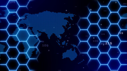 Digital global network of financial transactions with glowing blue hexagonal grid overlaying a dotted map and currency symbols indicating international commerce and data exchange concepts Keywords