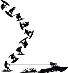 Wakeboarder silhouette performing high aerial flip sequence behind speedboat showing extreme water sports action isolated white background illustration