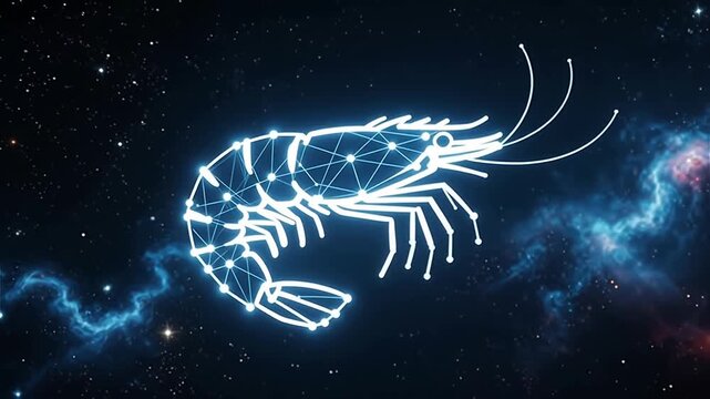 A cosmic representation of a shrimp formed by bright constellations amidst a starry galaxy background