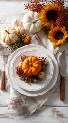 Autumn harvest table setting with pumpkins and sunflowers