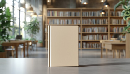 Blank book sits on table in bookstore aisle surrounded by shelves of books. Offers space for custom text or design