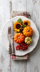 Autumn harvest arrangement on white plate with sunflowers and pumpkins