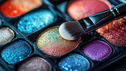 A vibrant eyeshadow palette featuring an array of shimmering colors, complemented by a makeup brush poised for application.