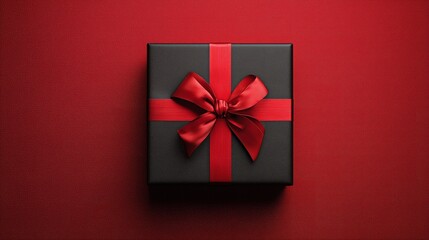 Black gift box with red ribbon and bow on red background
